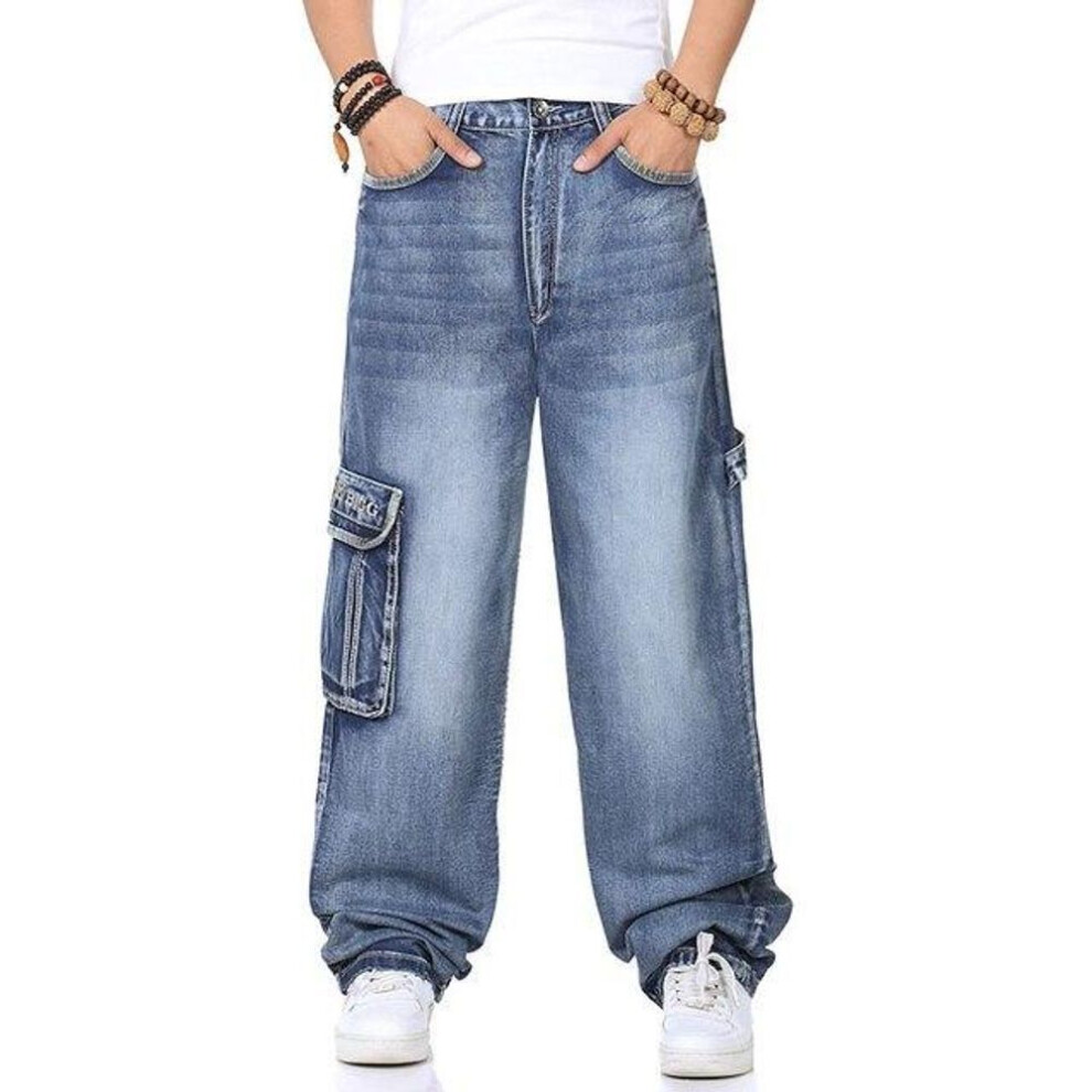 (sky blue, 30) 2021 New Japan Style Brand Mens Straight Denim Cargo Pants Biker Jeans Men Baggy Loose Blue Jeans With Side Pockets Jeans Men