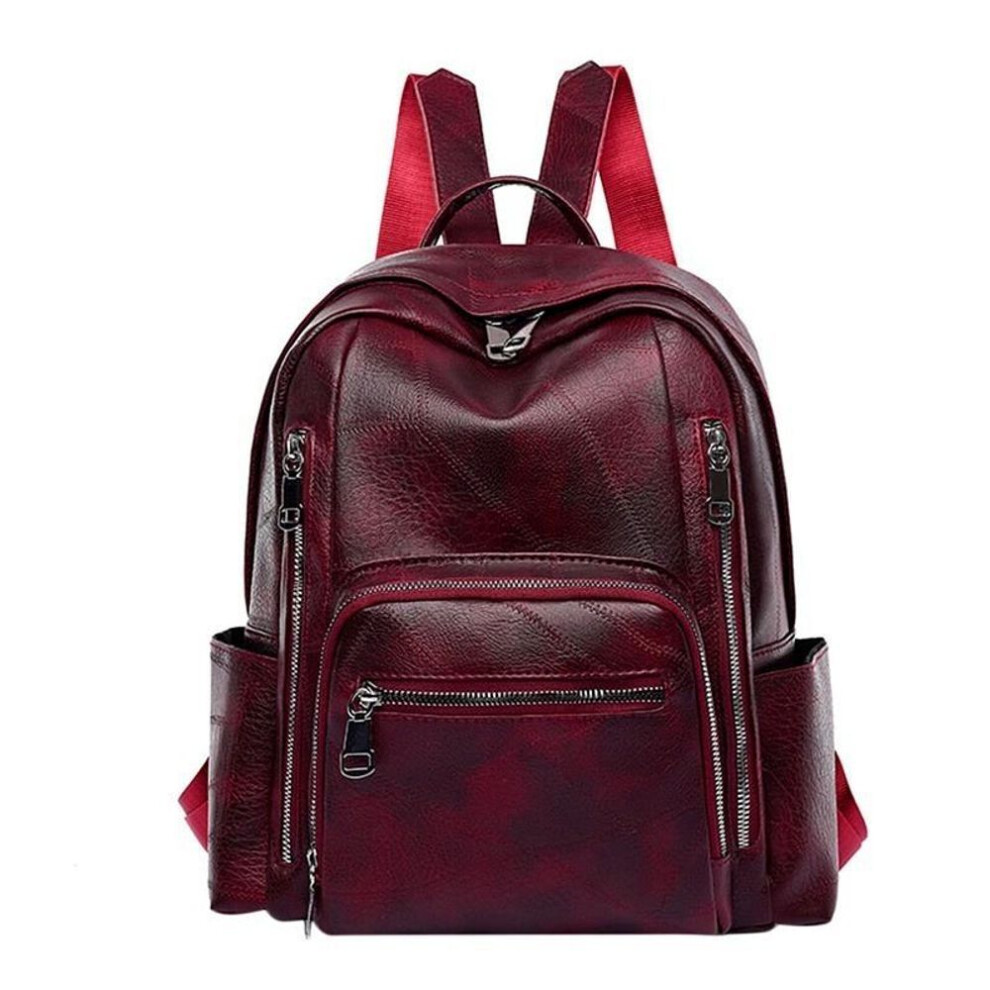 (red) Ladies Vintage Soft Leather Large Capacity Backpack Multi-pocket Leather Student Backpack Travel Rucksack