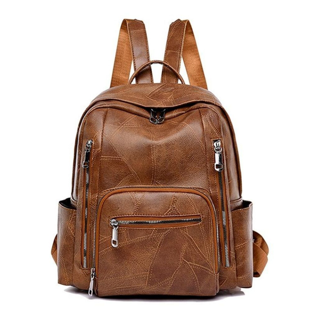 (orange) Ladies Vintage Soft Leather Large Capacity Backpack Multi-pocket Leather Student Backpack Travel Rucksack