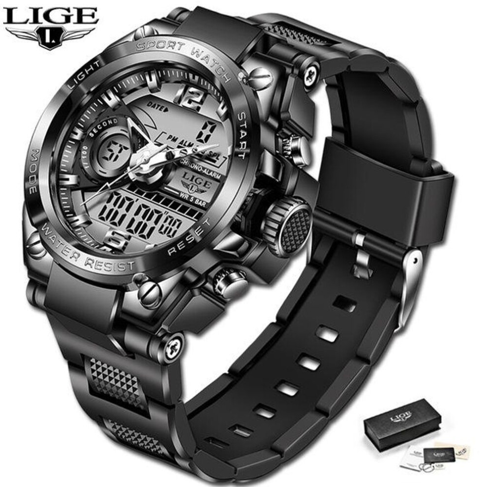 (Black) LIGE New Sports Men's Watches Top Brand Luxury Military Quartz Watch Men Waterproof