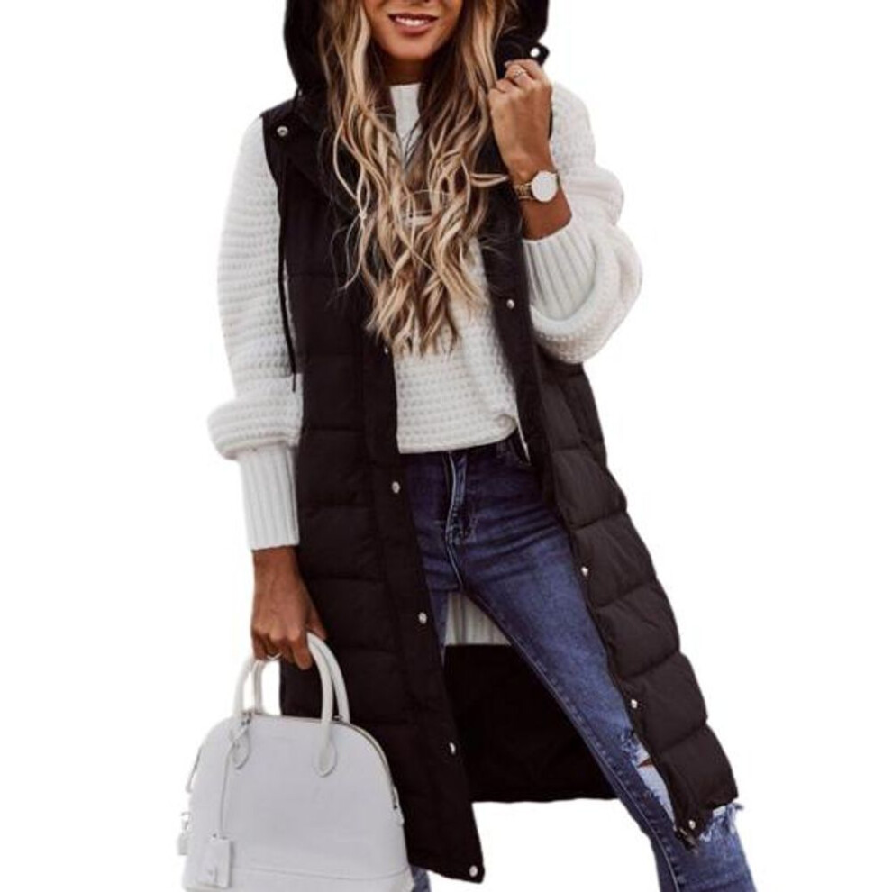(black, 4XL) Women Winter Vest Coat Padded Solid Color Sleeveless Hooded Drawstring Single-breasted Mid Length Slim Fit Zipper Hem Pockets Lady Long Winter