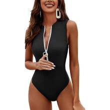(black, M) Charmleaks Women Athletic One Piece Swimsuit Zipper Racerback Mock Neck Full Coverage Bathing Suit
