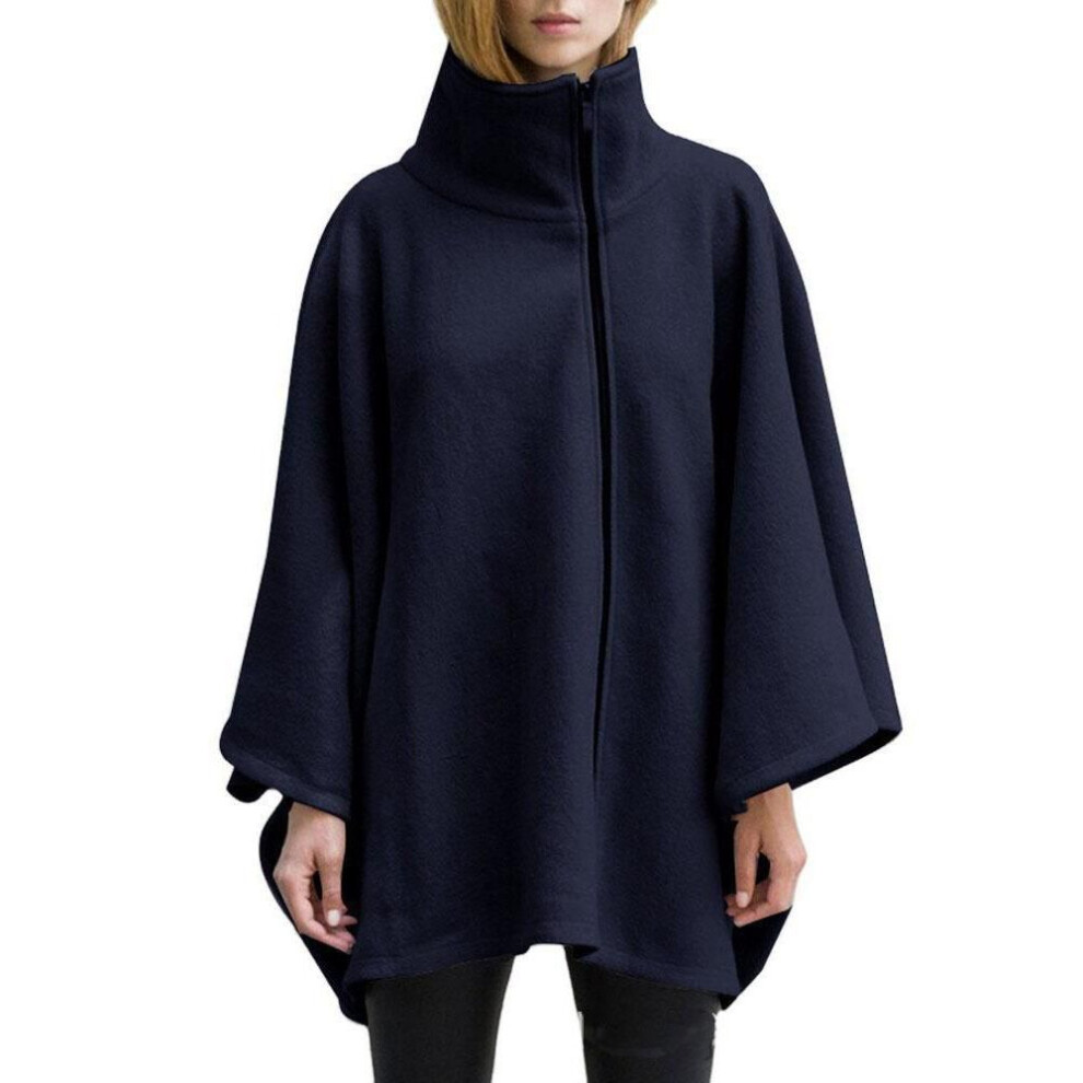 (navy, M) Women&apos;s Autumn and Winter Cape Zipper Faux Wool Shawl Cape Coat for Women