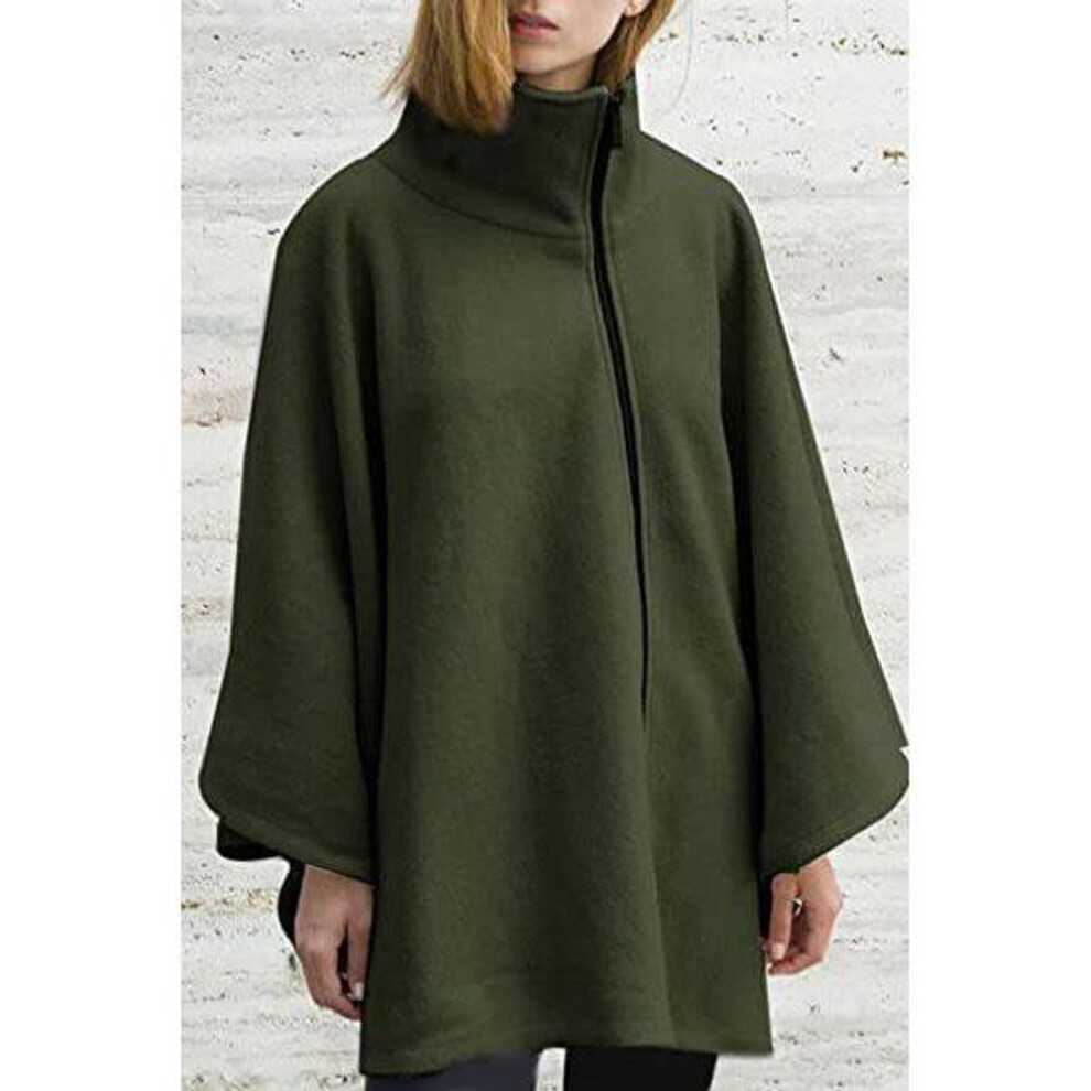 (army green, S) Women&apos;s Autumn and Winter Cape Zipper Faux Wool Shawl Cape Coat for Women