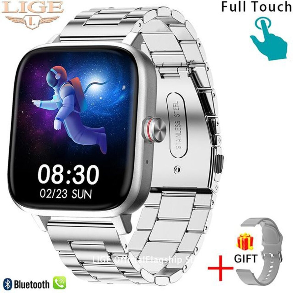 (Silver, Steel Belt) LIGE Call Smart Watch Women Custom Dial Smartwatch For Android IOS Waterproof Bluetooth Music Watches Full Touch Bracelet Clock