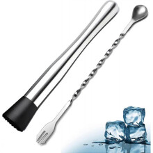 10" Stainless Steel Cocktail Stirrer & Spoon, 2 Piece Home Bar Tools Bartender Set