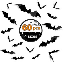 3D Bats Halloween Decorations 60 PCS, Upgraded Halloween Decor with 4 Different Sizes, Removable PVC Bats Decor
