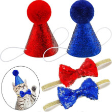 4 Pcs Pet Birthday Hat and Bowtie Cute Reusable Dog Cat Headwear Adjustable Cat and Small Medium Dogs