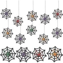 3D Glitter Halloween Spider Ornaments on Web Halloween Spider Web Ornament for Door Window Wall Indoor, 4 Colors(16 Pcs)
