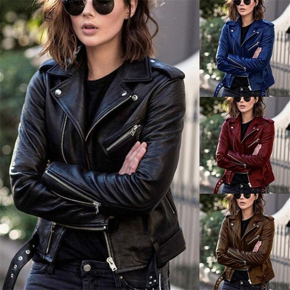 (aqua blue, S) Women's Fashion Short Leather Jacket PU Motorcycle Clothing Slim Slim Leather Jacket