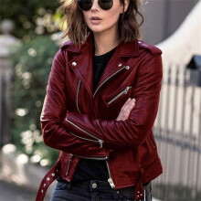 (wine red, 5XL) Women's Fashion Short Leather Jacket PU Motorcycle Clothing Slim Slim Leather Jacket