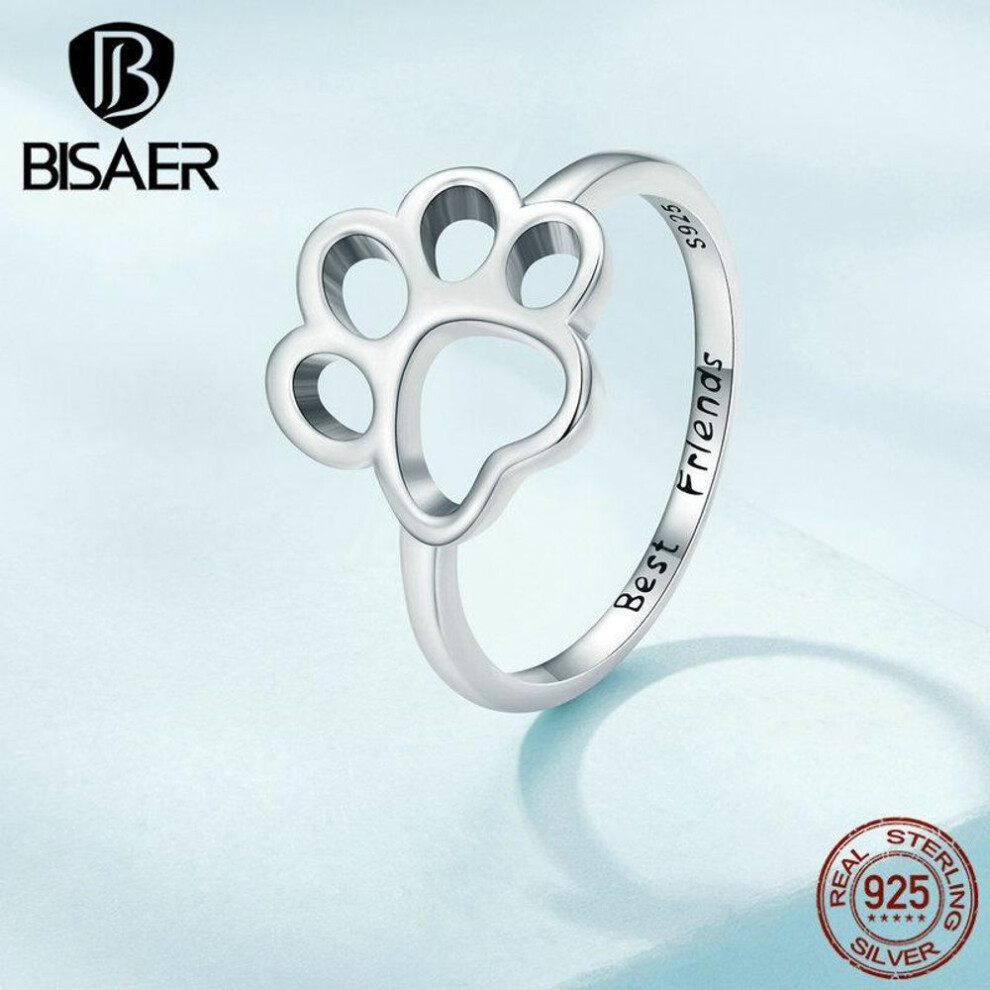 (8) BISAER 925 Sterling Silver Cute Pet Cat Paw Band Rings For Women Lovely Hollow Animal Ring Girl Birthday Jewelry Gift