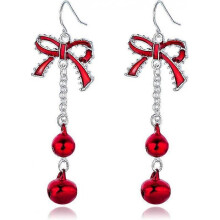 Christmas Red Bow Pierced Pendant Earrings Jingle Tassels Silver Plated Ladies Girls Holiday Gifts