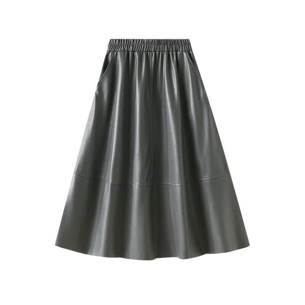 (grey, One Size) Qooth Women Vintage PU Faux Leather Umbrella Skirt Temperament Elastic Waist A-line Long Skirt For Autumn Winter QT2254