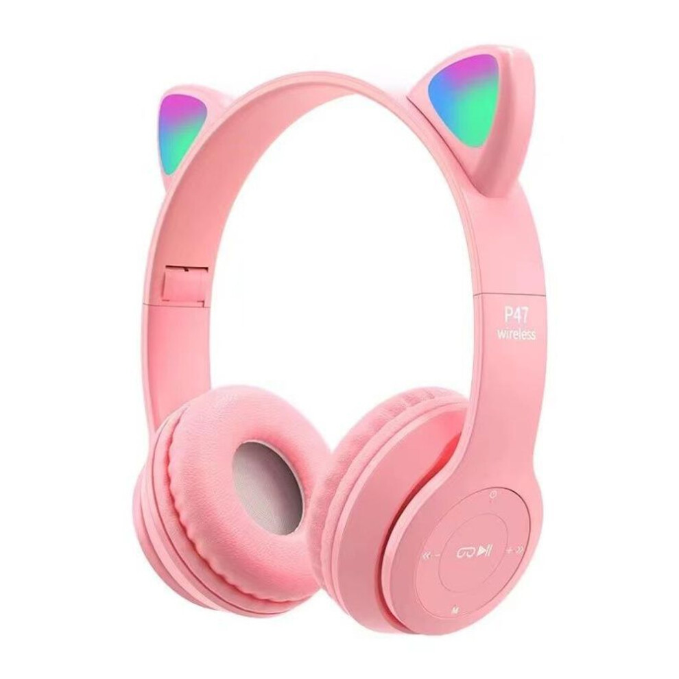 (Pink) Wireless Bluetooth Headphones Cute Cat Ear Audio Stereo Sports Gaming Headset With Mic LED Lights Girl Earphone P47M