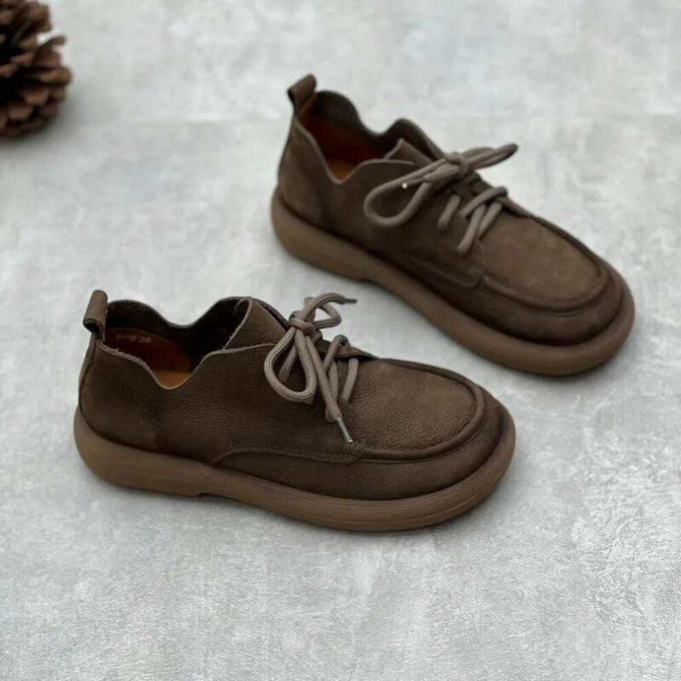 (taupe, 37) Johnature Retro Round Toe Lace Up Genuine Leather Soft Sole Women&apos;s Shoes Leisure Solid Color Cowhide Pumps