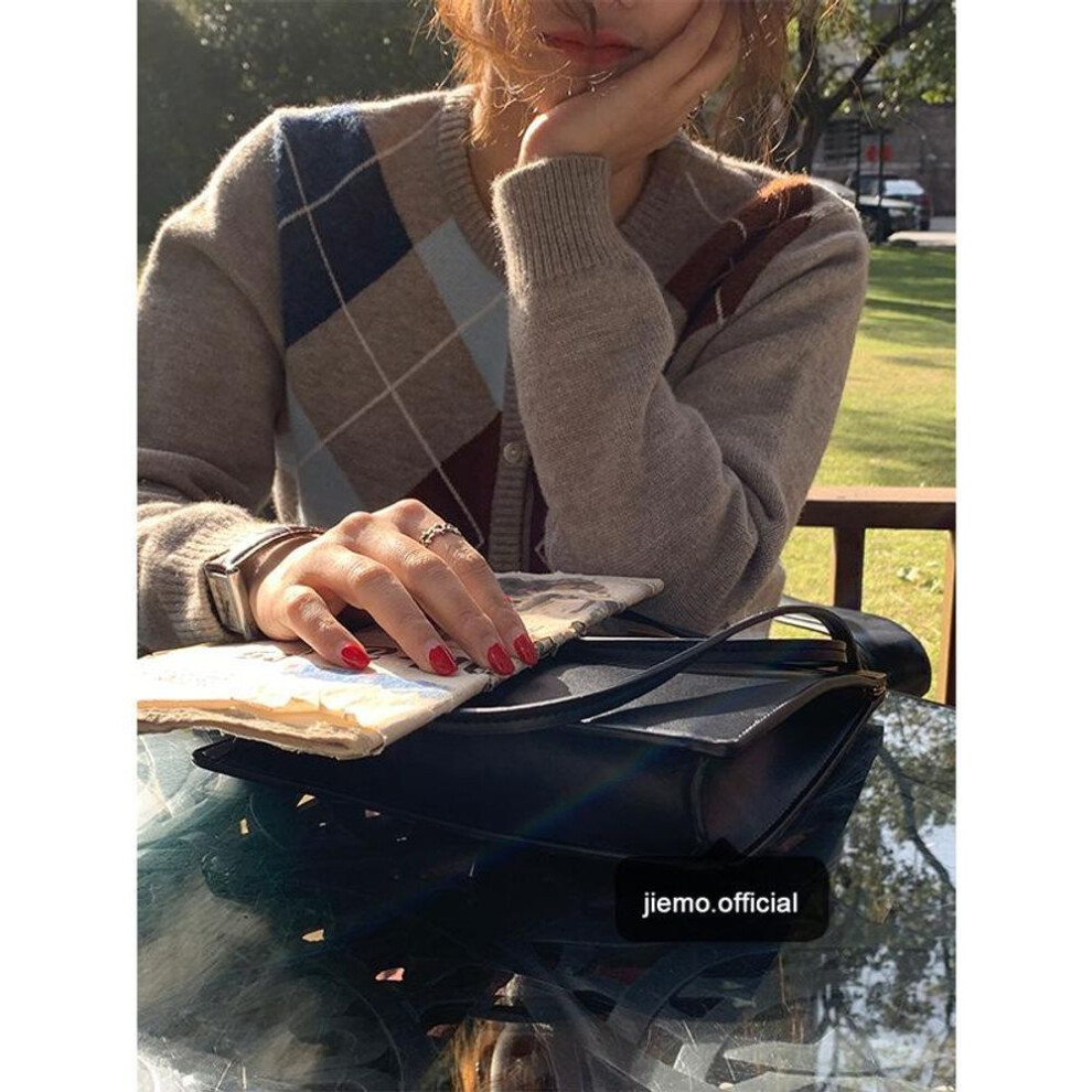 (khaki, One Size) 2022 Autumn And Winter Fashion Ladies New Knitted Cardigan Loose Korean Retro Round Neck Plaid Sweater Women&apos;s All-match Blouse