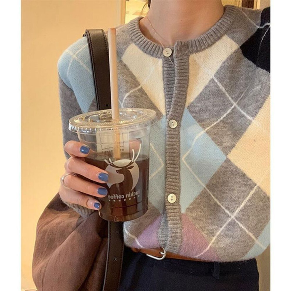 (grey, One Size) 2022 Autumn And Winter Fashion Ladies New Knitted Cardigan Loose Korean Retro Round Neck Plaid Sweater Women&apos;s All-match Blouse