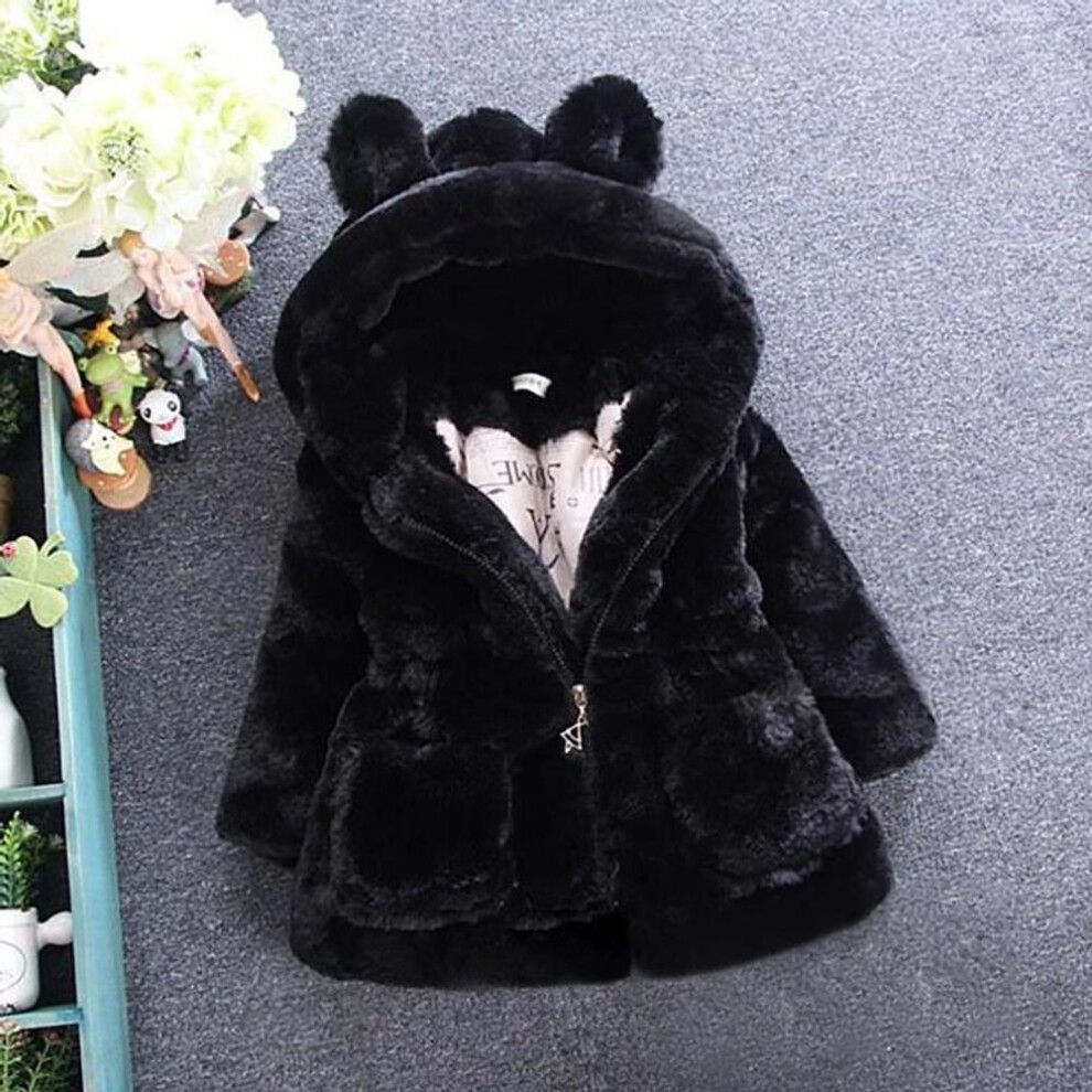 (black, 120) Rabbit Ear Coats Cute Baby Girls Faux Fur Fleece Jackets Children Thick Winter Warm Outerwear