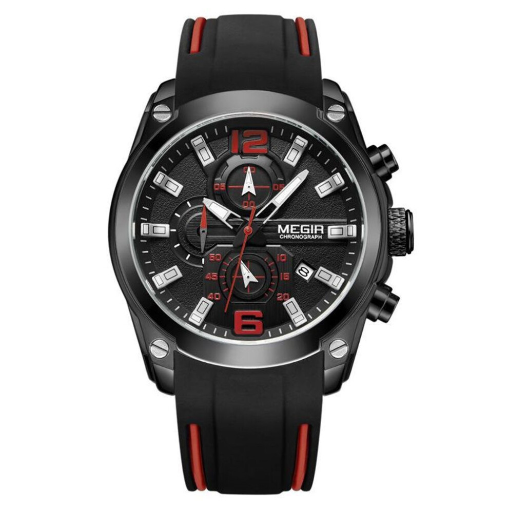 (black) Megir Men&apos;s Chronograph Analog Quartz Watch with Date, Luminous Hands, Waterproof Silicone Rubber Strap Wristswatch for Man 2063