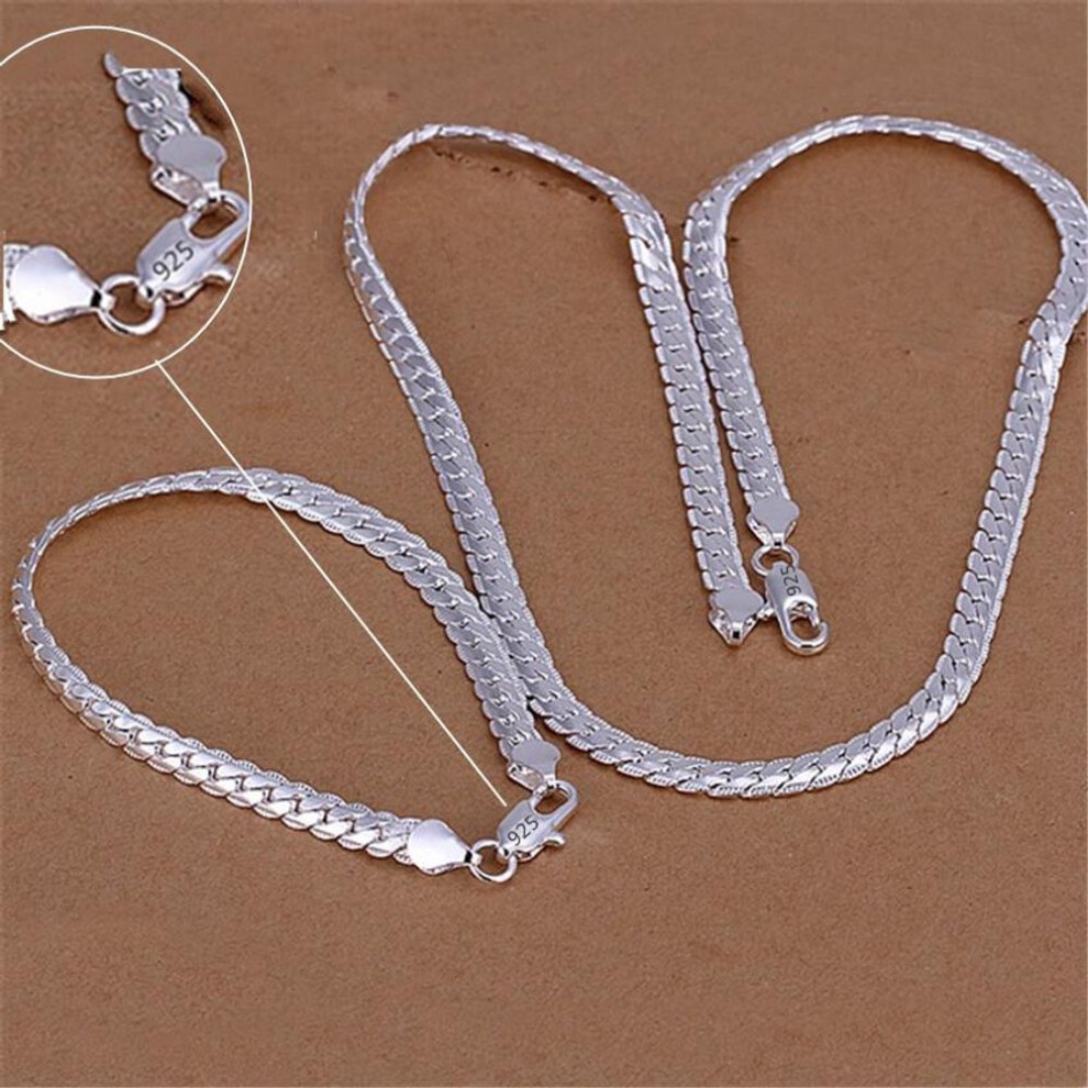 (Silver, 55cm and 20cm) 925 Sterling Silver 18K Gold 6MM Chain Bracelets Neckalce for Women Men Fashion Party Wedding Jewelry Sets Gifts