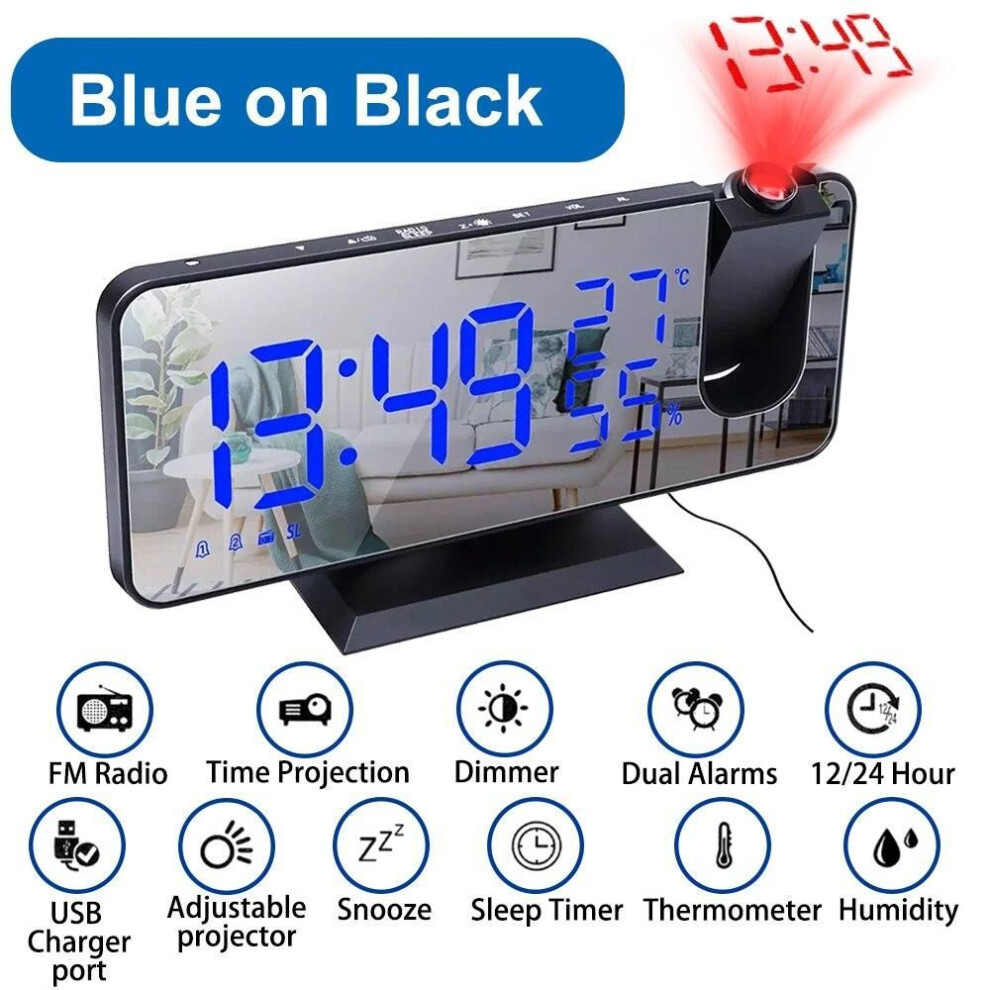 (black,blue) LED Digital Projection Alarm Clock Electronic Alarm Clock with Projection FM Radio Time Projector Bedroom Bedside Mute Clock