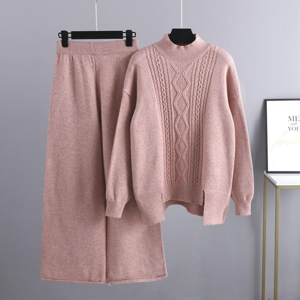 (pink, OneSize) Autumn Winter Half High Collar Solid Color Twist Long Sleeve Sweater Sets For Ladies Casual All Match Pullover Suit