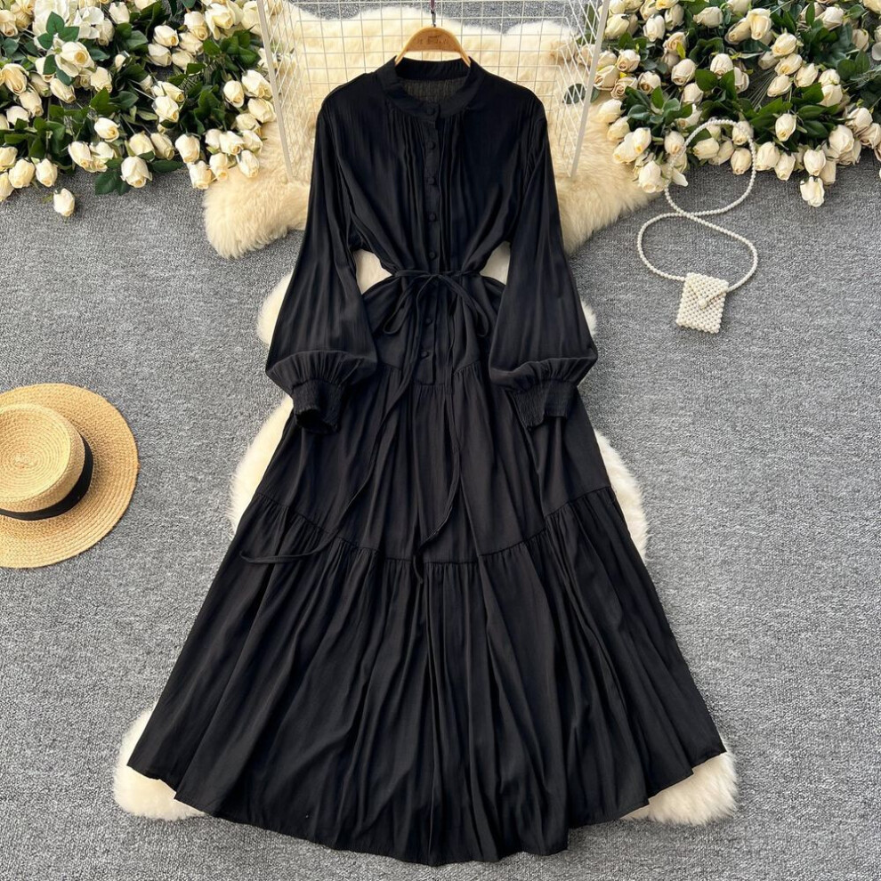 (black, One Size) Frenchic Vintage Maxi Dress Women Stand Collar Lantern Sleeve Lace-up Female A-line Elegant Dresses Spring Autumn