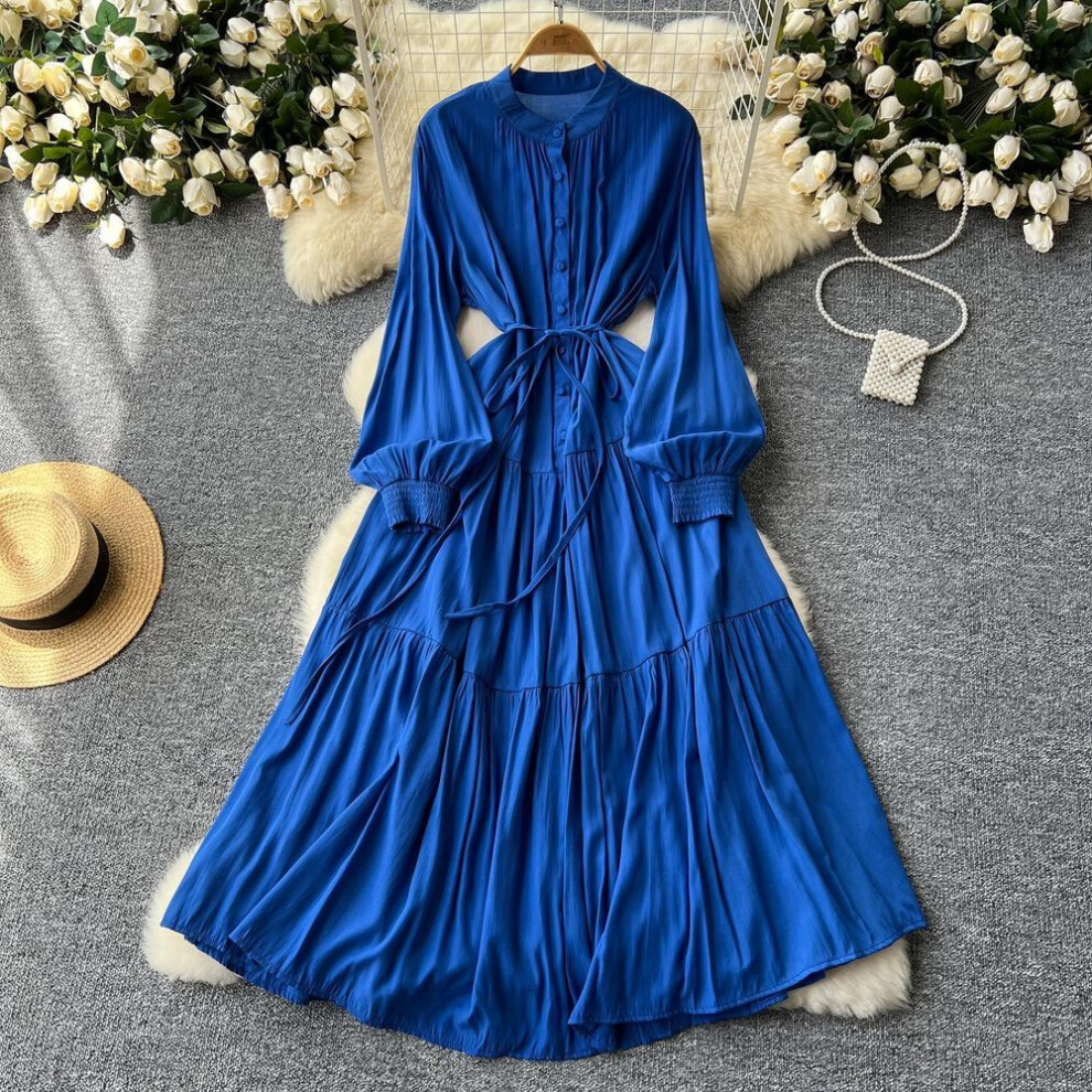 (blue, One Size) Frenchic Vintage Maxi Dress Women Stand Collar Lantern Sleeve Lace-up Female A-line Elegant Dresses Spring Autumn