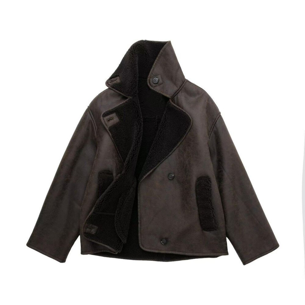 (as the picture, M) Women&apos;s Europe and United Fur One Suede Thickened Jacket Collared Button Loose Double-sided Coat Solid Fashion Warm Casual Thickened Jacket