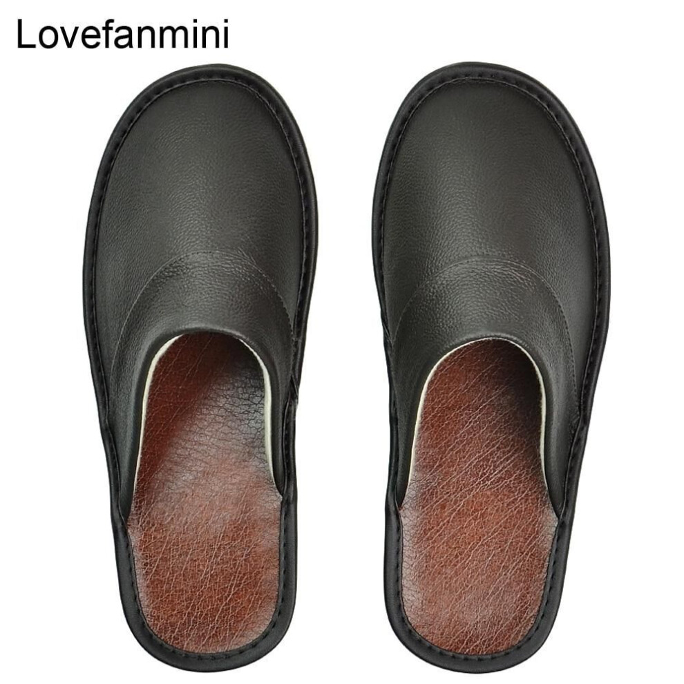 (black, 44-45) Cow Leather slippers men big sizes Linen home male indoor house for Men's slippers women man slipper Luxury soft Flat shoes