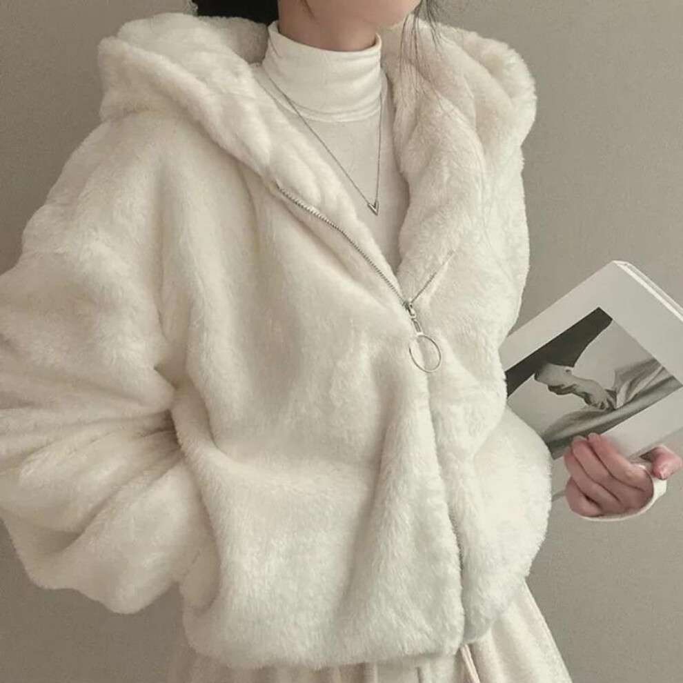 (white, S) Winter Women 2024 New Korean Fur Coat Luxury Zipper Loose Hoodies Over Coat Thick Warm Plus Size Female Plush Casual Coats