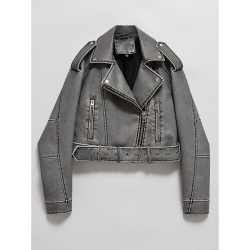 (grey, S) Spring Autumn Women Loose Zipper with Belt Retro Faux Leather Short Jacket Streetwear Female Chic Vintage Coat Outwear
