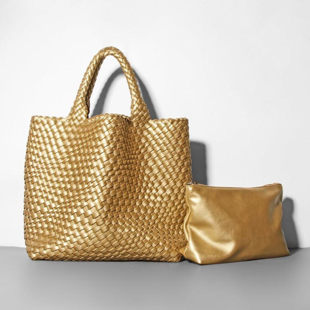 (gold) PU Leather Bucket Bag for Women 2023 Soft Leather Tote Bag Shoulder Bag Luxury Knitting Design European and American Big Bag