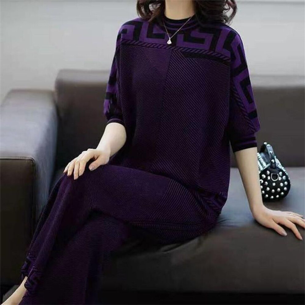 (purple, M) Spring and Autumn Women&apos;s Two-piece Knitwear Clothing Set Loose Top and Wide Leg Pants Casual Tracksuit