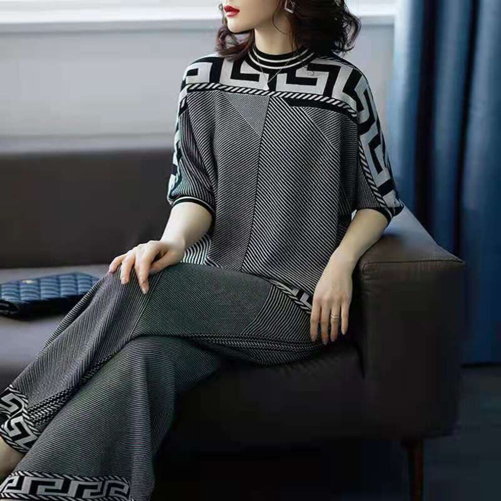 (white, M) Spring and Autumn Women&apos;s Two-piece Knitwear Clothing Set Loose Top and Wide Leg Pants Casual Tracksuit