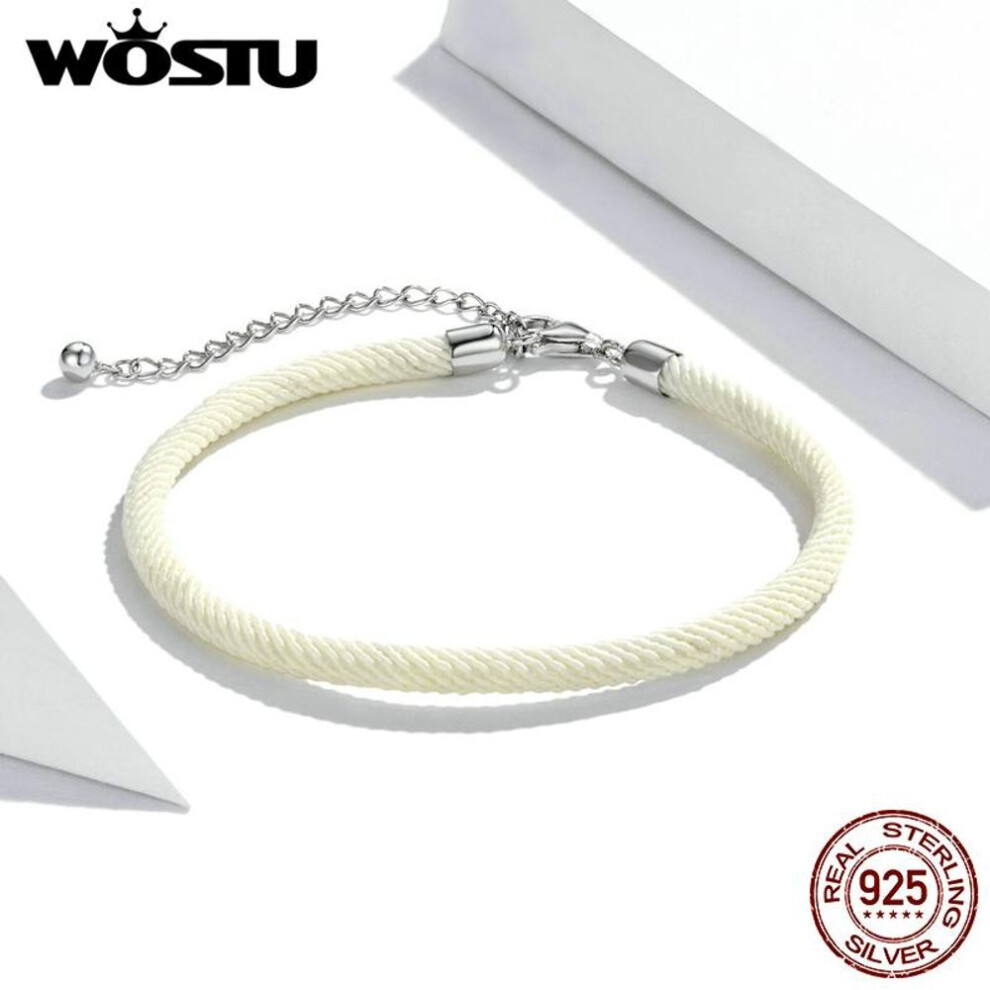 (white, 925 silver) WOSTU Basic Simple Black Gray White 925 Sterling Silver Adjustable Hand Strap fit Beads Charm Pendant Fine Jewelry