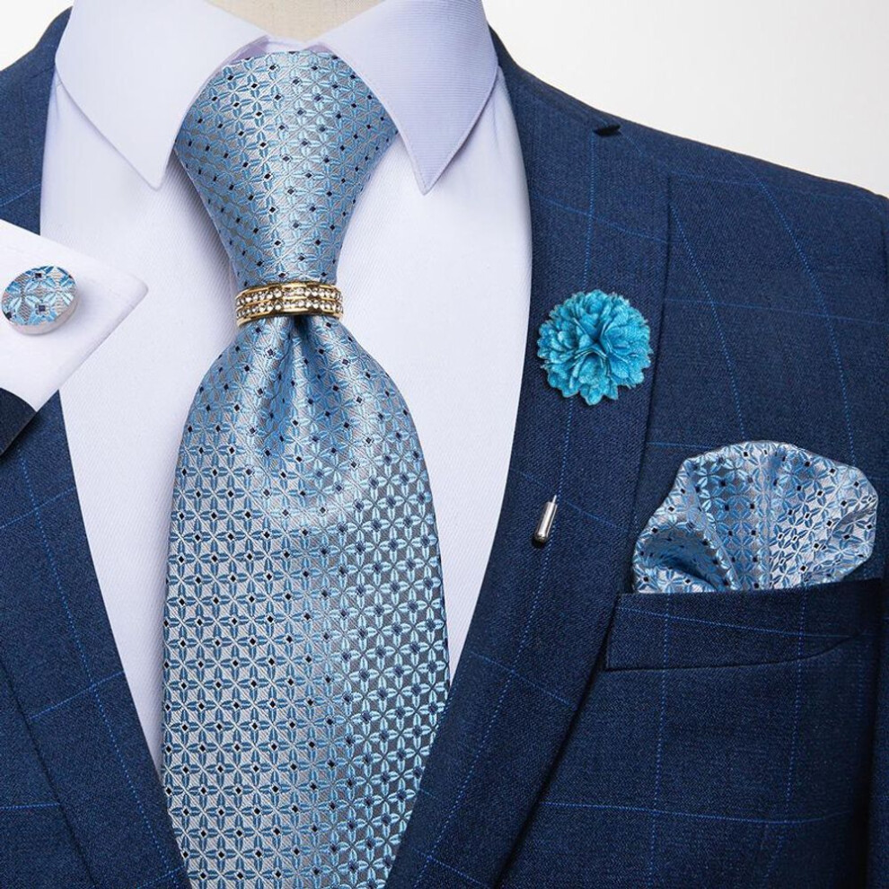 (as the picture, 7014-JZ03-XH012) Formal Mens Necktie Set Tie Ring Navy Blue Paisley Ties Silk Hanky Cufflinks Boutonniere Set