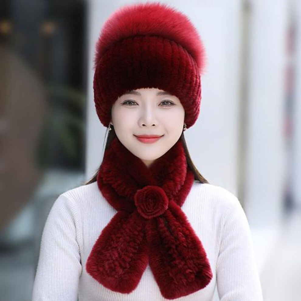 (wine, Good elasticity 52cm-60cm) Rex rabbit fur hat scarf sets Women winter warm luxury 100% genuine fox fur cap Rex rabbit fur scarves Knitted quality fur hats