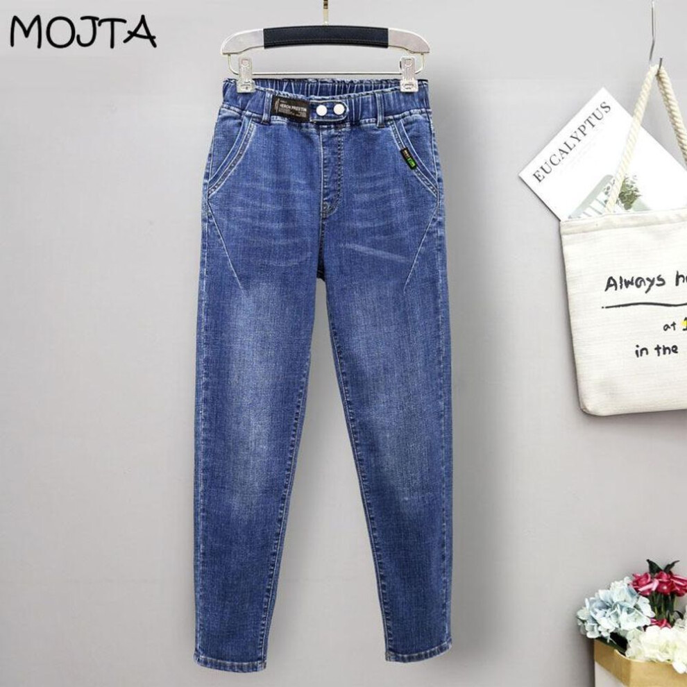 (blue, L) Women High Waist Slim Fit Ladies Jeans Casual Elasticity Denim Harem Pants Oversized Trousers Streetwear Cropped Pants Plus Size