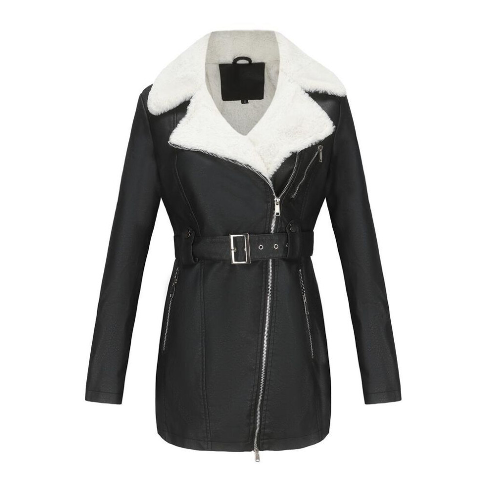 (black, L) Women's Plush Jackets Faux Leather PU Lapel Zipper Mid Length Warm Coat with Belt Long Sleeves Autumn Winter Outer Wear Bomber Moto Biker Outfits