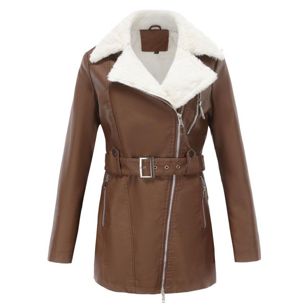 (brown, XL) Women's Plush Jackets Faux Leather PU Lapel Zipper Mid Length Warm Coat with Belt Long Sleeves Autumn Winter Outer Wear Bomber Moto Biker Outfits