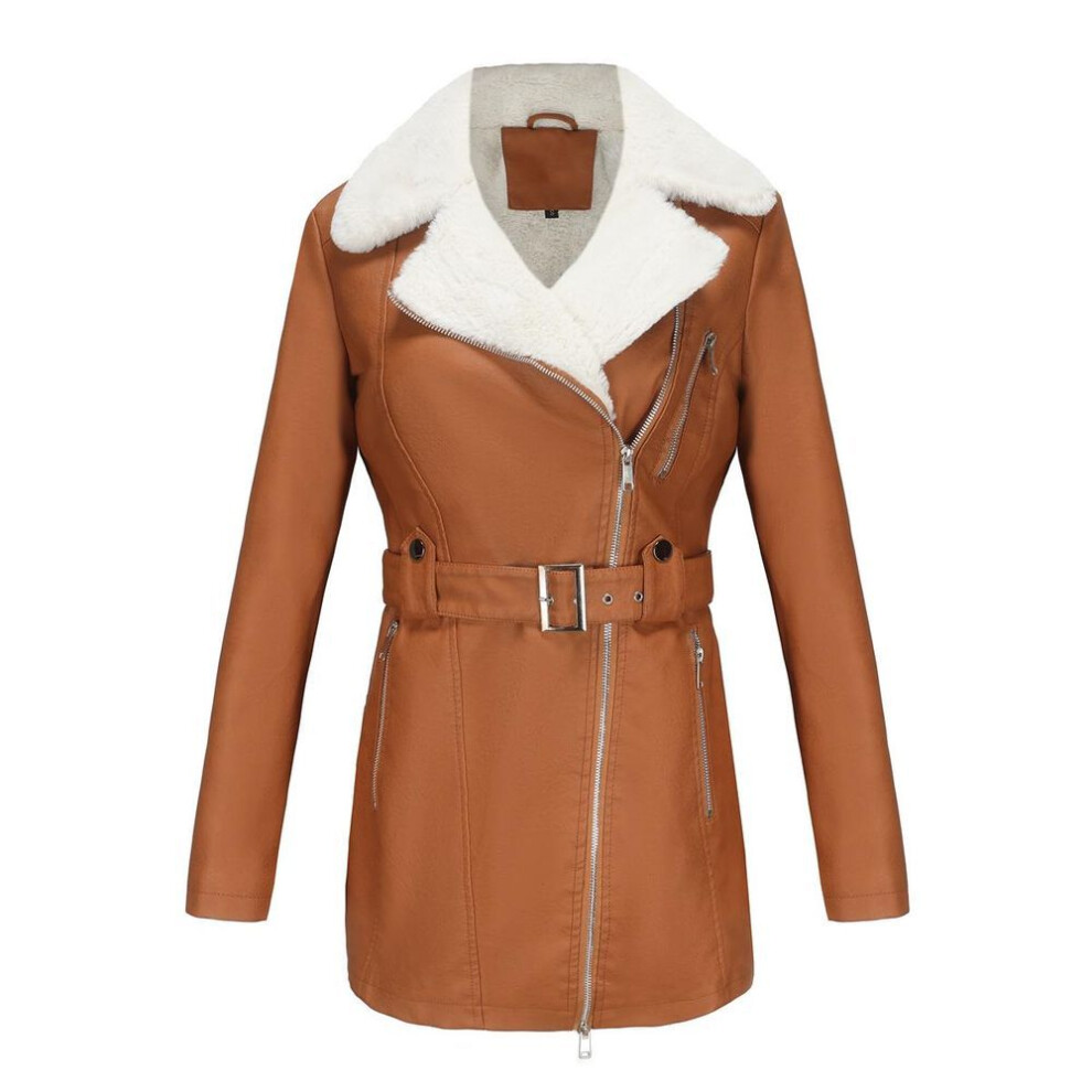 (camel, XL) Women's Plush Jackets Faux Leather PU Lapel Zipper Mid Length Warm Coat with Belt Long Sleeves Autumn Winter Outer Wear Bomber Moto Biker Outfits