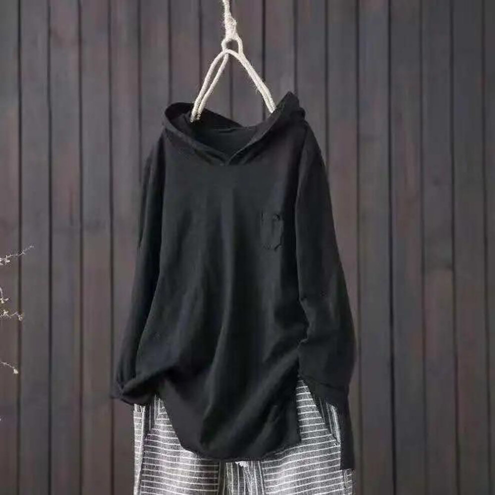 (black, L) Cotton Hooded T Shirt Women Summer Style Pocket Printing Loose White Long Sleeve Hole Casual Top Y2k