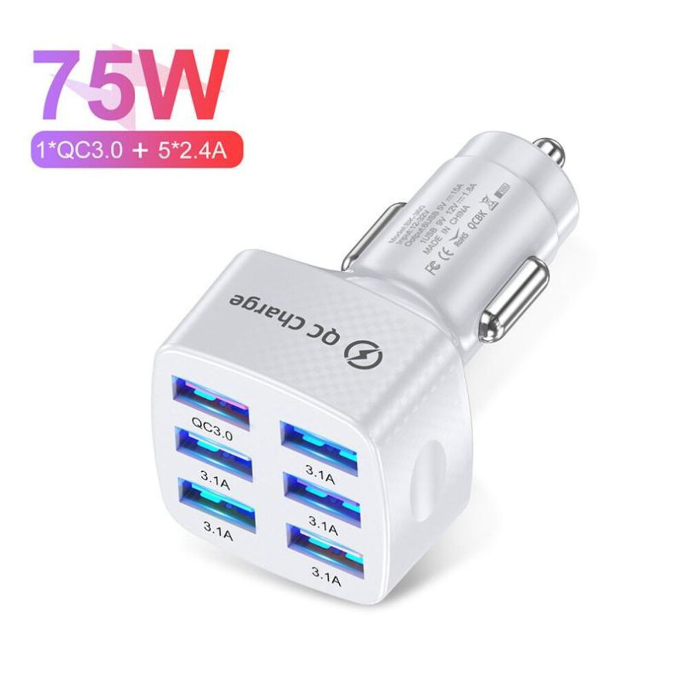 (White) USLION 6 Ports USB Car Charge 75W Quick 15A Mini Fast Charging For iPhone 13 Xiaomi Huawei Mobile Phone Charger Adapter in Car