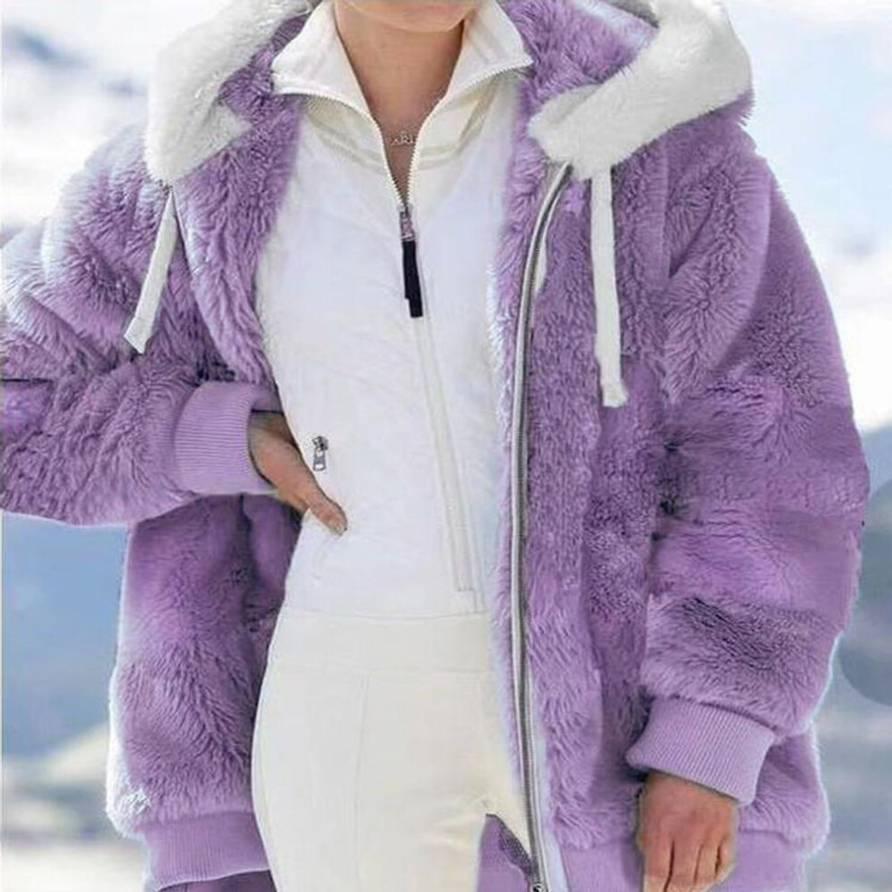 (purple, XXL) Europe and The United States 2022 Autumn and Winter Warm Plush and Zipper Pocket Hooded Loose Jacket Women Coat