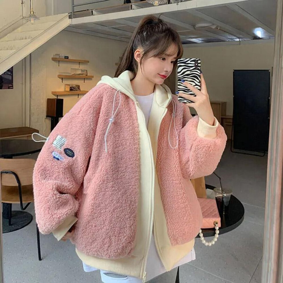 (pink, L) Fake Two-piece Jacket Women Fall and Winter Big Yards Plush Hooded Loose Sweater Long-sleeved Padded and Thickened Jacket Women&apos;s Clothing
