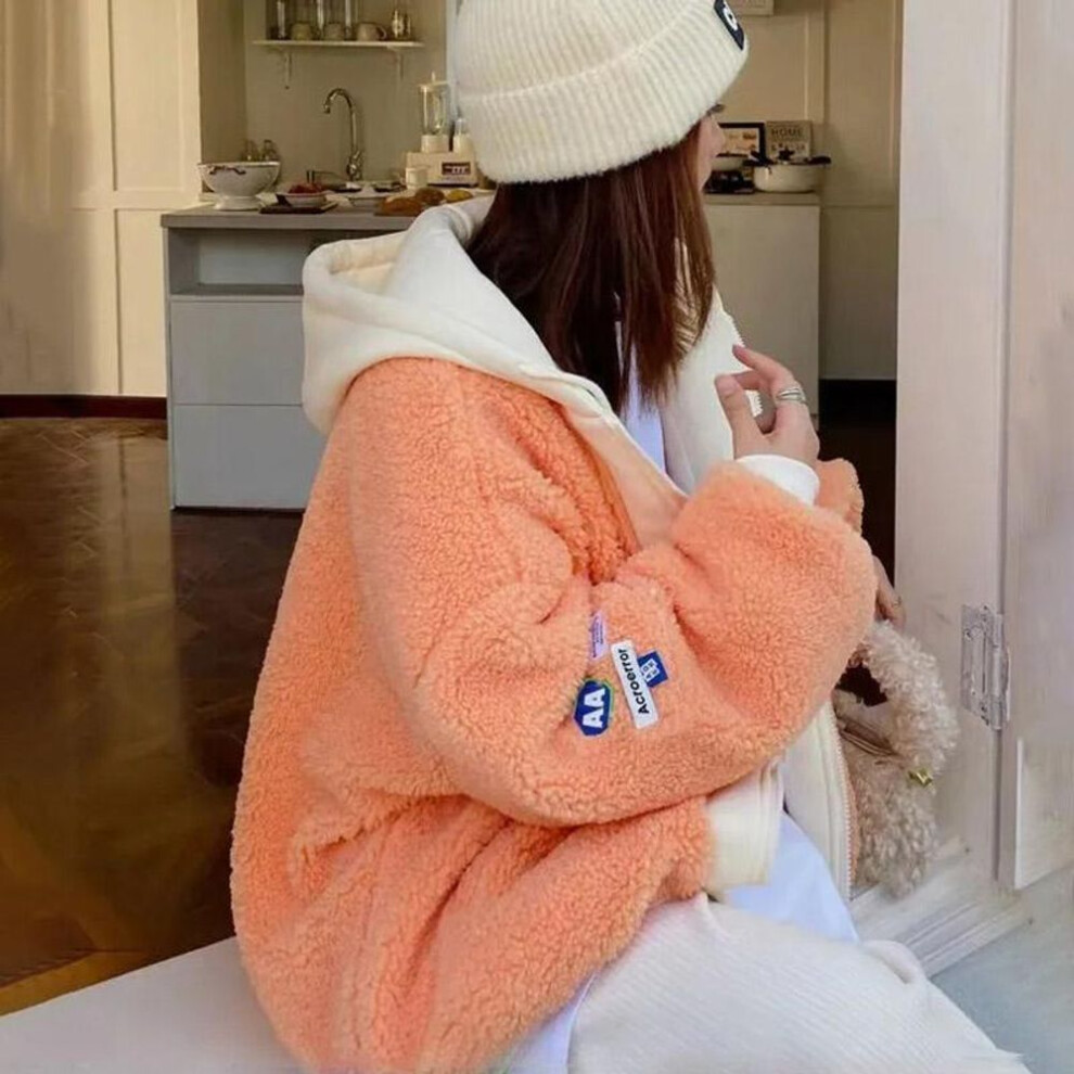 (orange, XXXXL) Fake Two-piece Jacket Women Fall and Winter Big Yards Plush Hooded Loose Sweater Long-sleeved Padded and Thickened Jacket Women&apos;s Clothing