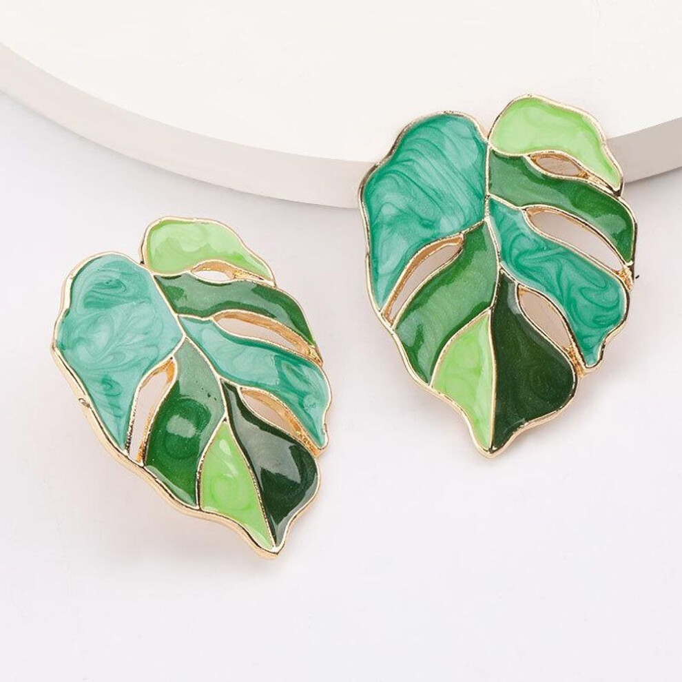 (Green) Bohemian Leaf Earrings For Women Fashion Cute Girl Earrings Monstera Leaf Stud Earrings Jewelry Accessories Gift