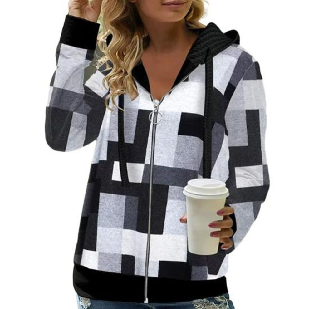 (white, 2XL) Autumn Women Hoodies Fashion Plaid Pattern Zipper Placket Cardigan Jacket Regular Fit Long Sleeves Casual Hooded Coat Spring Autumn Female Clothing